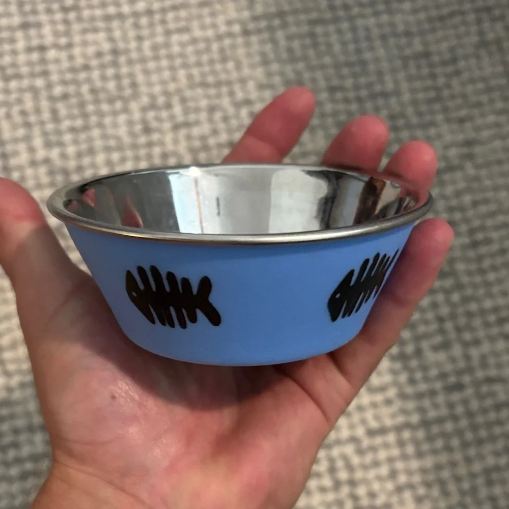 Blue and Silver Pet Bowl with Fish Design